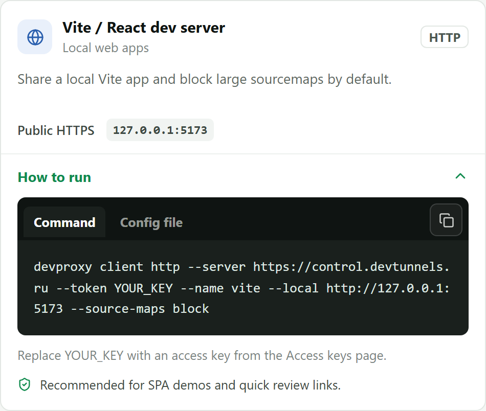 Website template in the DevProxy account dashboard