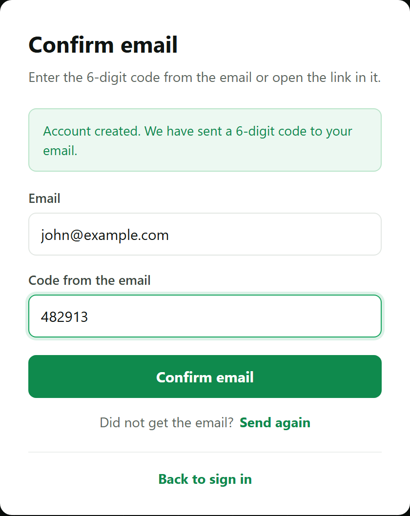 Entering the code from the email